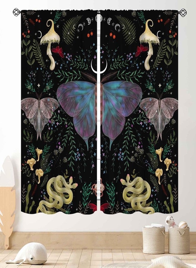TKUYO Boho Butterfly Curtains, Aesthetic Moth Snakes Mushroom Vintage Botanical Wild Floral Wizard Witchy Mysterious Window Drapery Treatments for Bedroom Kitchen Living Room Bathroom 2 Panels, 42"x45" Inch - Image 1